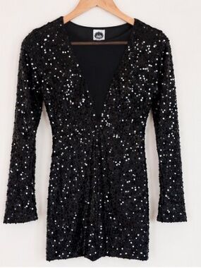 Y2K Deb Black Sequin Mini Dress Size S Deep V Neck Long Sleeve Party Club